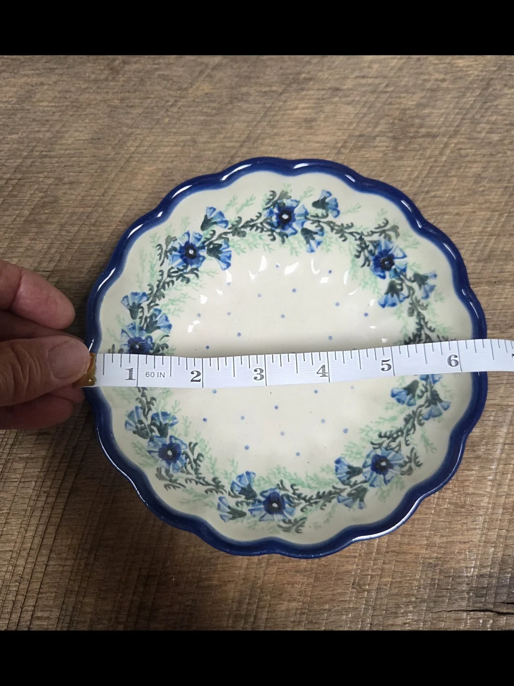 Vintage Floral Scalloped Ceramic Bowl in Blue & Cream Handmade In Poland Bin PP